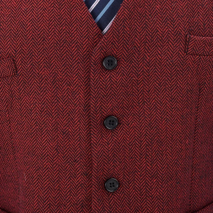 Men Vest Red Solid V Neck Herringbone Waistcoat For Wedding Business Birthday Banquet Work Set Men Suit Vest