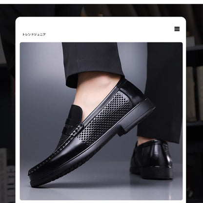 2026 Summer New Men's Breathable Leather Loafers Slip-On Hollow Out Casual Business Casual Shoes for Man Flat Driving Shoes Male