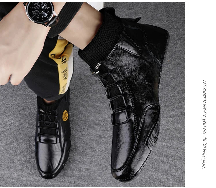 Men's Wear-resistant Boots Casual Classic Genuine Leather Handmade Shoes Ankle Round Toe Lace Up Walking Business Boot