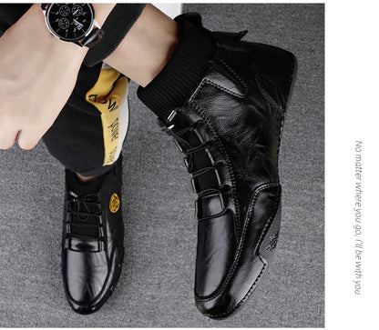 Men's Wear-resistant Boots Casual Classic Genuine Leather Handmade Shoes Ankle Round Toe Lace Up Walking Business Boot