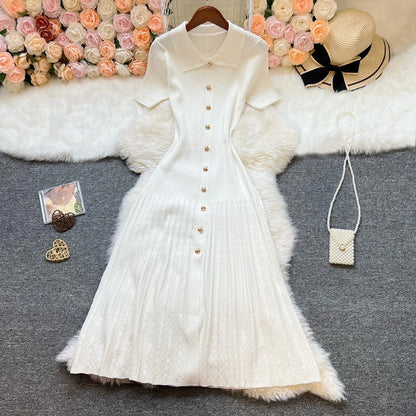 Brand Fashion Elegant Patchwork Knitted Long Dress Spring Summer Women Luxury Shirt Sweater Dress Lady Party Vestido
