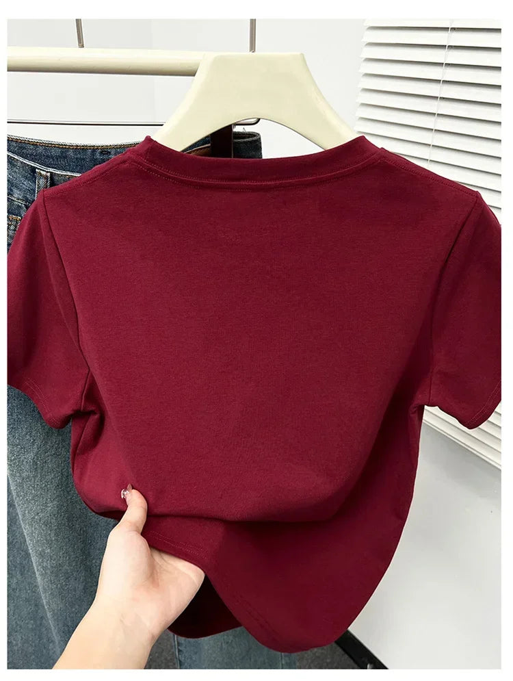 2026 Summer New High Quality Casual Plus Size T Shirt Sexy Short Sleeved Sleeves Fashion Trend Solid Women Clothing Y2k Tops