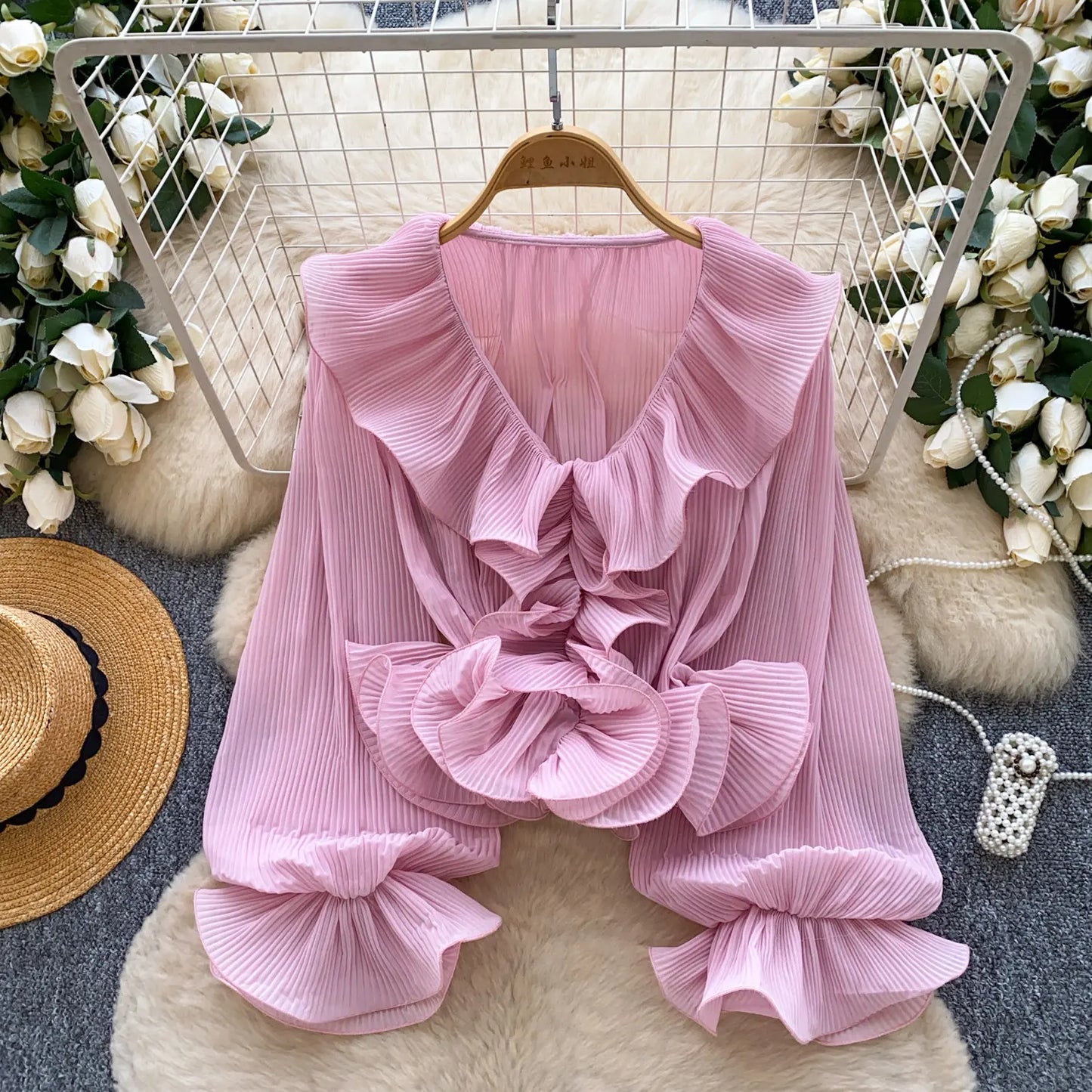 Ruffles Pleated Romantic Tops Thin Spring Summer V Neck French Elegant Blouse Fairycore Flowy Office Lady Luxury Shirt