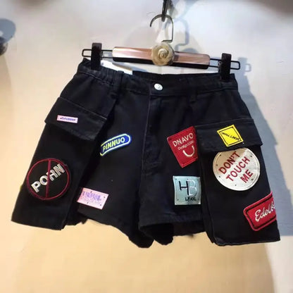 2026 Summer New Embroidery Letter High Waist Cargo Pocket Denim Shorts Women