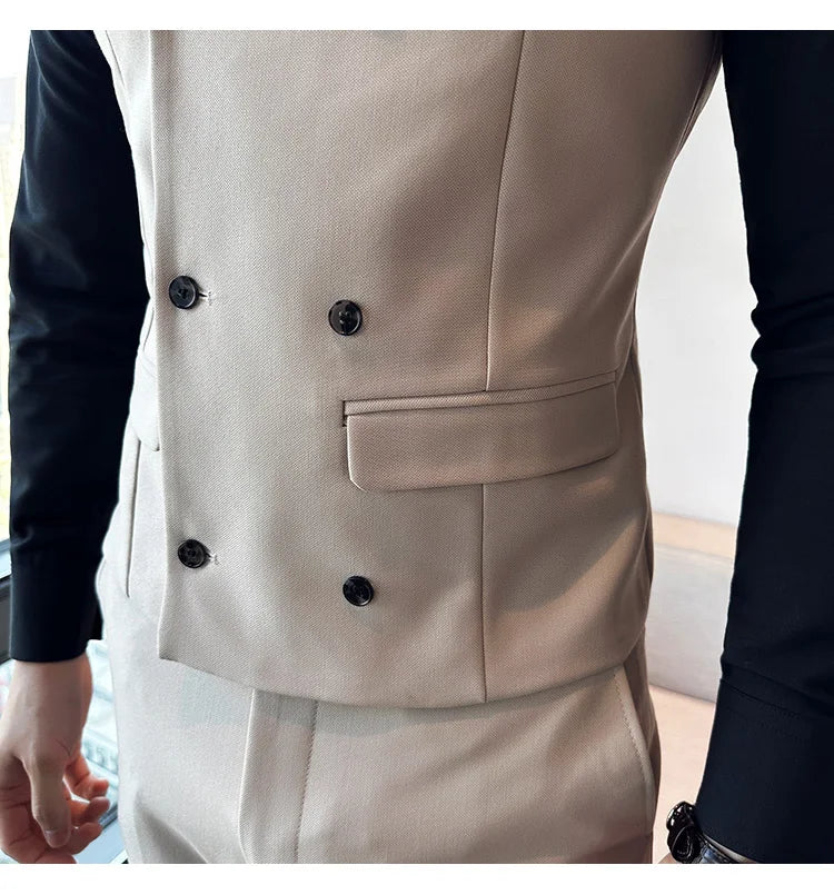 ( Vest + Pants) Men's Double-breasted Suit Vest 2 Pieces Set High Quality Business Casual Fashion Groom Wedding Dress Vest Sets