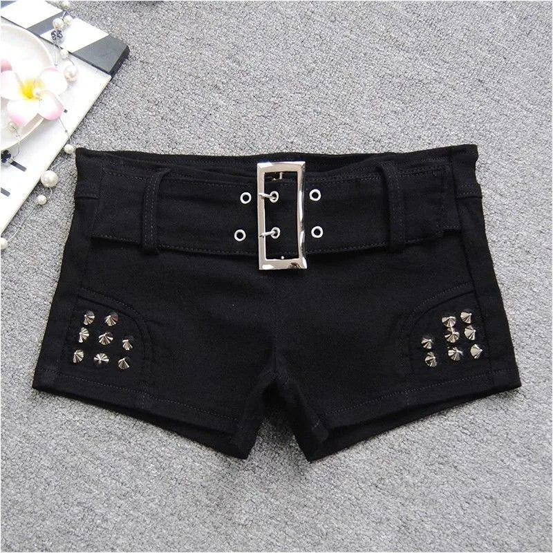 Black Sexy Hot Girl Low-Waisted Jean Shorts Woman American Retro Elastic Slim Ultrashort Jeans Gothic Y2K Rivet Denim Shorts