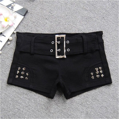 Black Sexy Hot Girl Low-Waisted Jean Shorts Woman American Retro Elastic Slim Ultrashort Jeans Gothic Y2K Rivet Denim Shorts