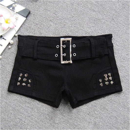 Black Sexy Hot Girl Low-Waisted Jean Shorts Woman American Retro Elastic Slim Ultrashort Jeans Gothic Y2K Rivet Denim Shorts