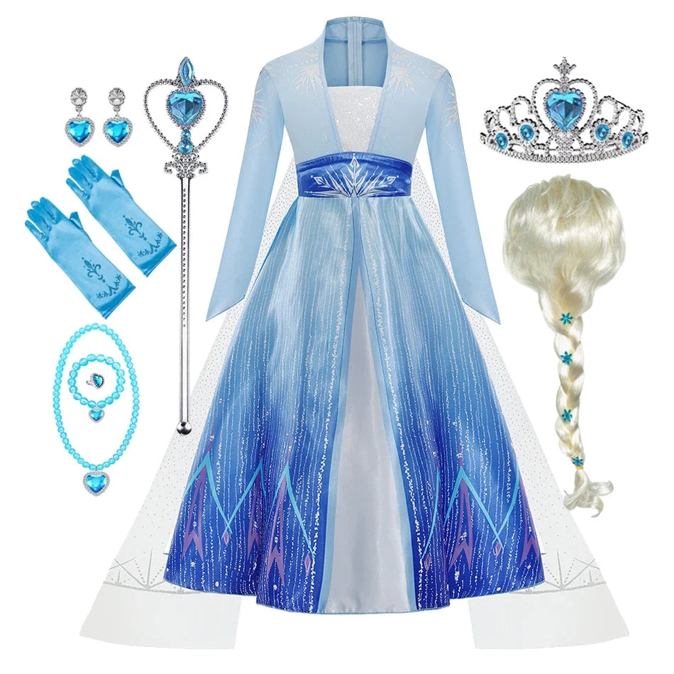 2026 Elsa Frozen Princess Costume For Girl Birthday Party Long Sleeve Halloween Cosplay Carnival Clothing Kids Dress For Girls