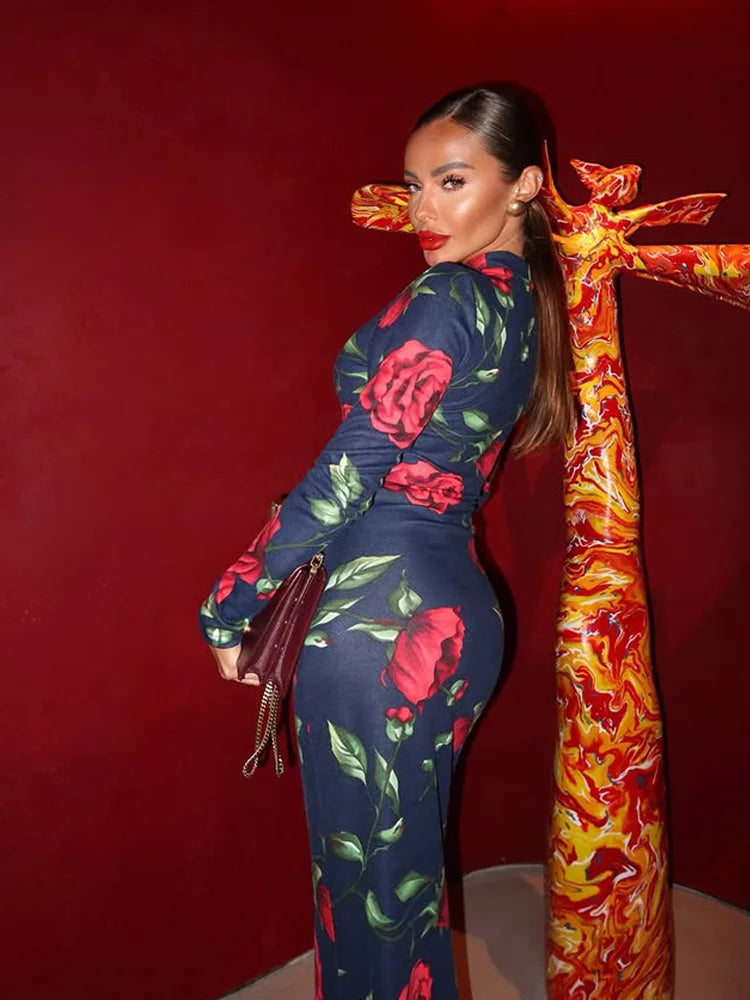Fashion Women's Maxi Dresses Print Sexy Turtleneck Regular Long Sleeves Fishtail Autumn Sheath Bodycon Trend Vestidos