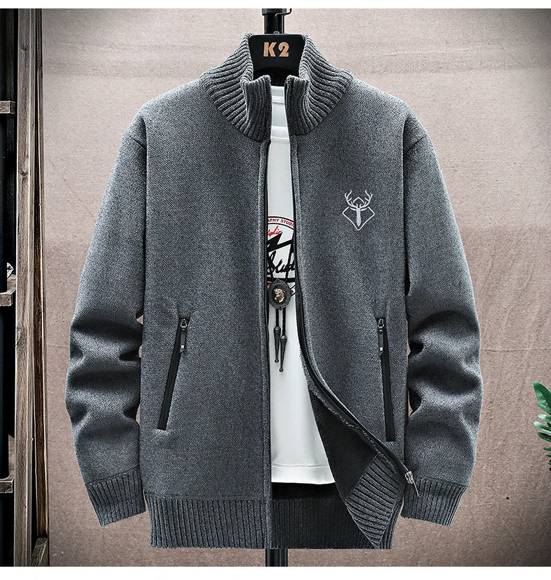 New Men's Fleece Cardigan Sweater Embroidery Casual Knit Sweater Jacket High Quality Male Autumn Winter Clothing