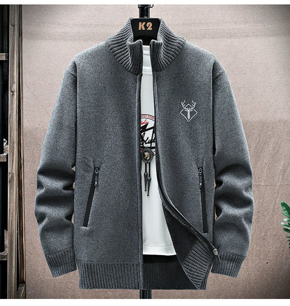 New Men's Fleece Cardigan Sweater Embroidery Casual Knit Sweater Jacket High Quality Male Autumn Winter Clothing