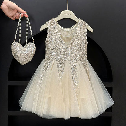 Mesh Sequins Summer Dress Children Clothes Girls Gauze Skirt For Party Evening Birthday Prom Performance Graduation Ceremony