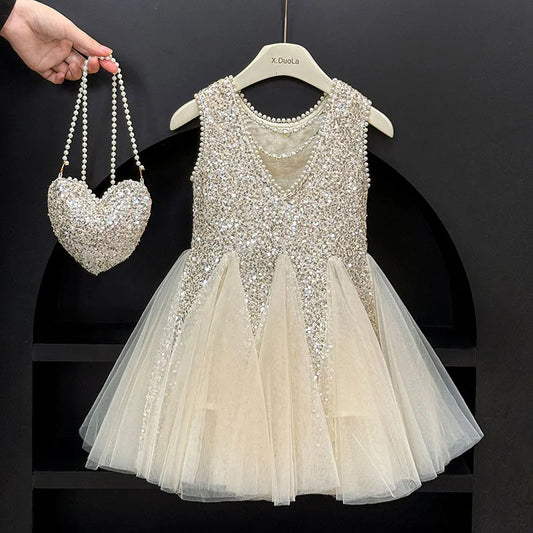 Mesh Sequins Summer Dress Children Clothes Girls Gauze Skirt For Party Evening Birthday Prom Performance Graduation Ceremony