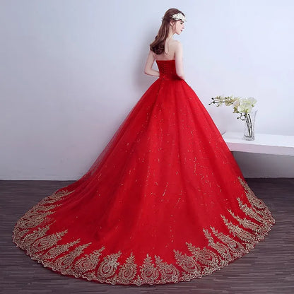 2026 New Ball Gown Lace Tulle Red Wedding Dress With Tail Chinese Pattern Style Cheap China Embroidery Bridal Gown Customized