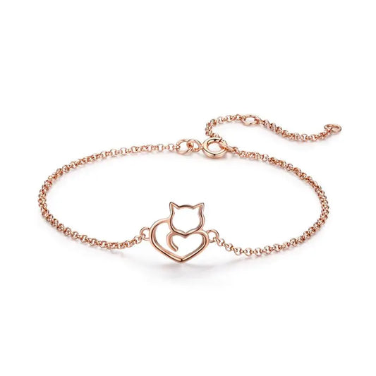 Bracelets et joncs à maillons chaîne Cœur et Chat en argent sterling 925 véritable pour femmes, bijou authentique en argent, cadeau, 3 couleurs
