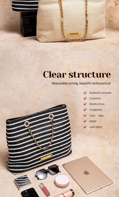 Fashion Classic Retro Stripe Women's New Chain Bag Large Capacity PP Material Women's Shoulder Bag