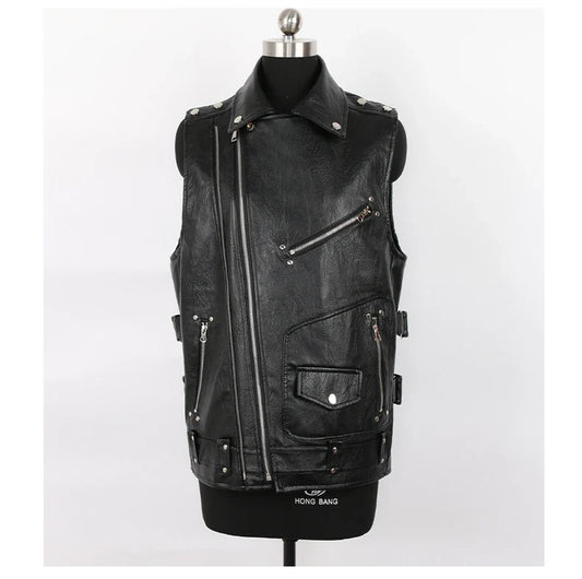 Autumn Black Motorcycle Pu Leather Vest Men Zipper Pockets Plus Size Faux Leather Biker Sleeveless Jacket 4xl 5xl