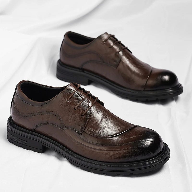 Brown Burnished Genuine Leather Lace Up Chunky Sole Formal Business Office Groom Wedding Daily Wear Shoes Fashion Comfortable