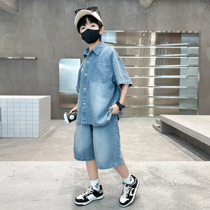 High Fashion Kids Summer Suit for Boy with Denim Shorts Two Pieces Tracksuit Children Casual Top and Bottom Clothing Set 5-14 Y