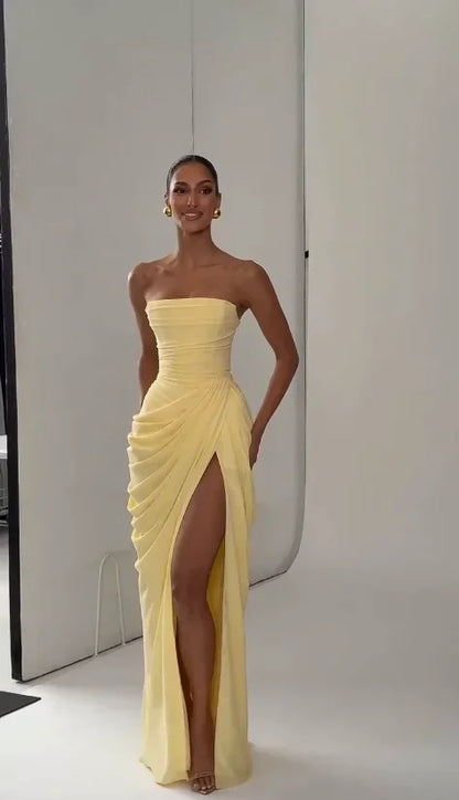 Women Strapless Pleated Long Dress Elegant Solid Split Sleeveless Backless High Waist Slim Fit Maxi Dresses 2026 Lady Party Robe