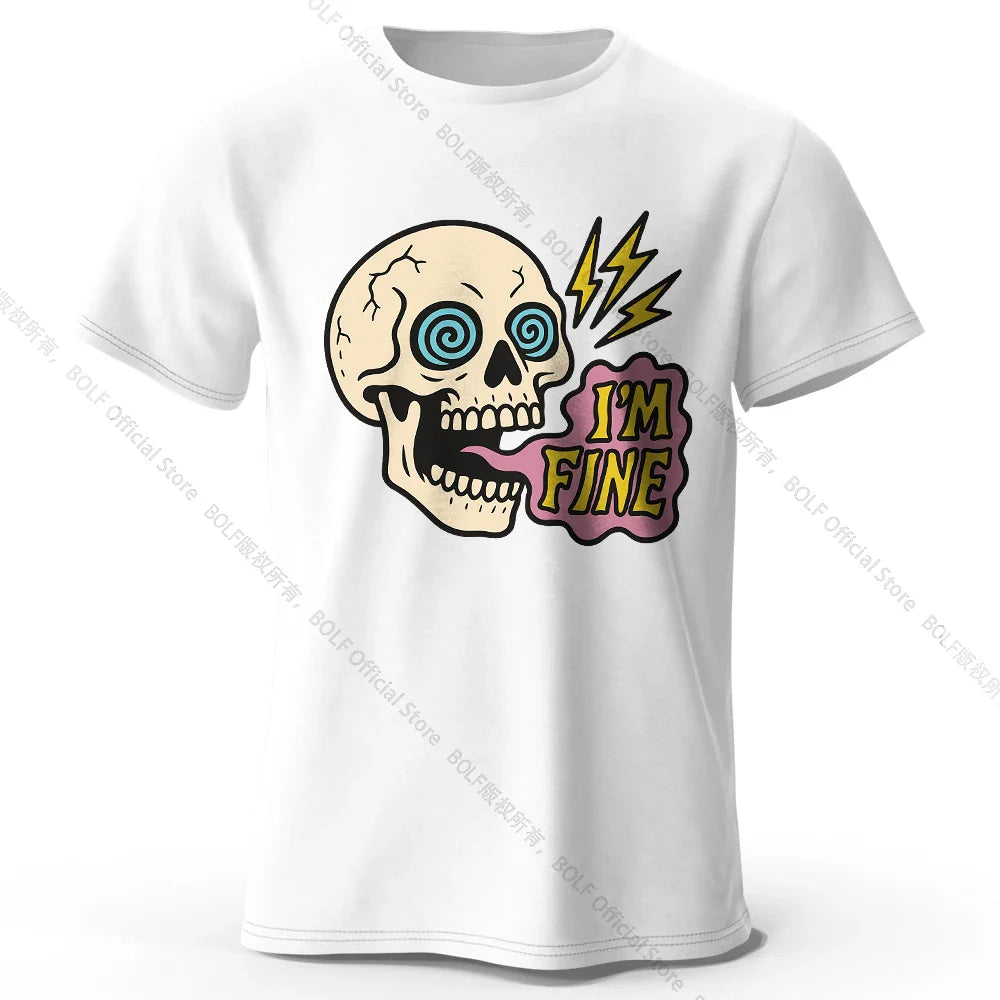 Men's I Am Fine Printed T-Shirt 100% Cotton Oversized Sarcastic Graphic Tees for Women Summer Tops Mood Streetwear