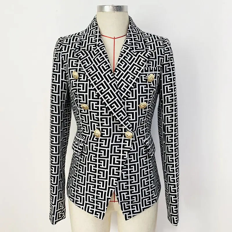 Spring High-end Fashion Women's Elegant Mid To Long Suit Jacket with Collar Print Design and Double Breasted Versatile Jacket