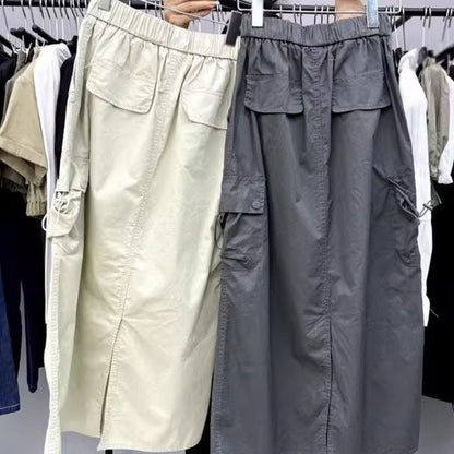 Vintage Skirts for Women American Fashion High Waist Back Slit Cargo Skirt Streetwear All-match Pockets Trendy Harajuku Chic New