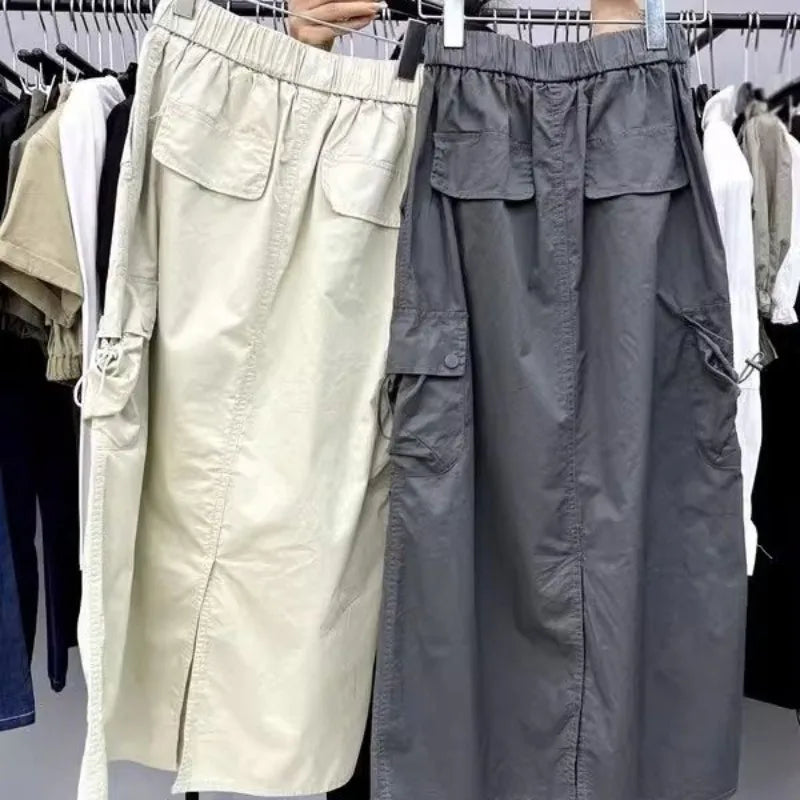 Vintage Skirts for Women American Fashion High Waist Back Slit Cargo Skirt Streetwear All-match Pockets Trendy Harajuku Chic New
