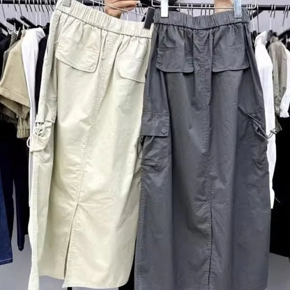 Vintage Skirts for Women American Fashion High Waist Back Slit Cargo Skirt Streetwear All-match Pockets Trendy Harajuku Chic New