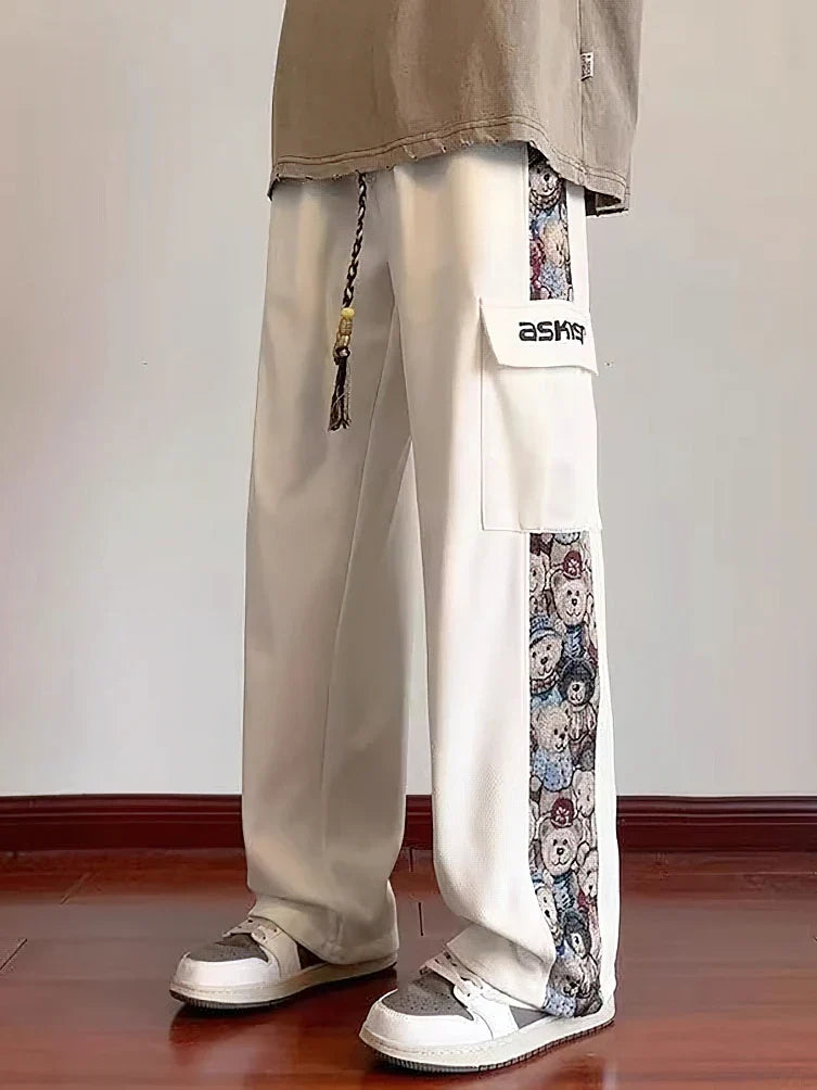 Japanese Anime Wide leg Straight Cargo Pants Men Streetwear Baggy Long Trousers Cotton Casual Patchwork Student 2023 New