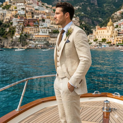 Beige Linen Men Suit 3 Piece Single Breasted Slim Formal Wedding Groom Tuxedo Blazer Pants Vest For Beach Party Business Casual