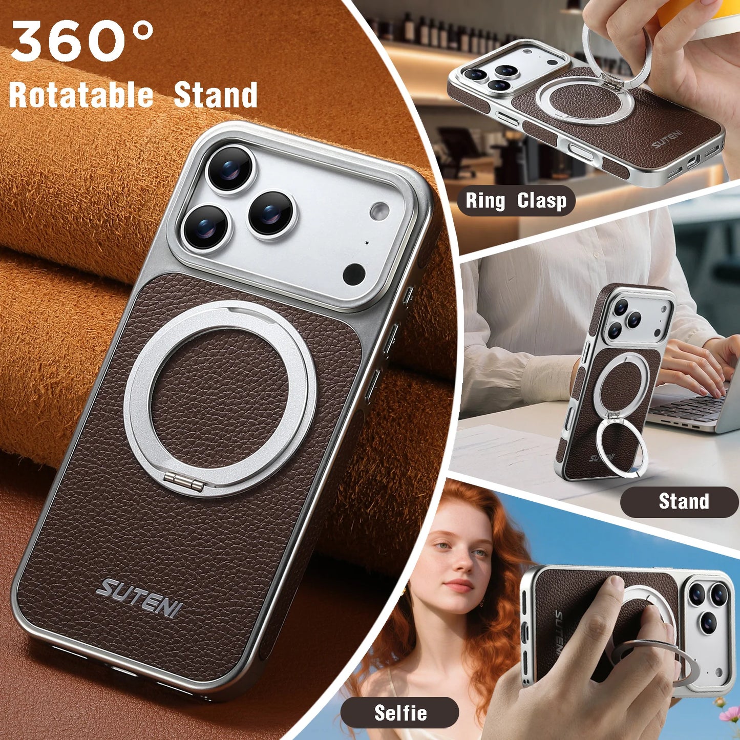 Faux Leather Magnet Wireless Charging Phone Case 360° Rotating Stand Ring Buckle Frosted Feel For iPhone 17 Pro Max 16 15