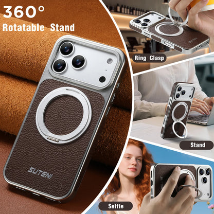 Faux Leather Magnet Wireless Charging Phone Case 360° Rotating Stand Ring Buckle Frosted Feel For iPhone 17 Pro Max 16 15