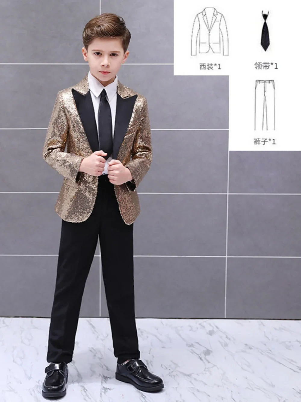 Boys Sequined Suit Set 3 Pieces Performance Wear 120-160cm Handsome Kids Slim Fit Suits Wedding Ring Bearer Outfit