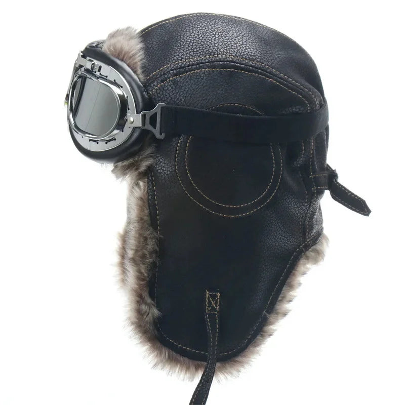 Men Winter Bomber Hat With Goggles Outdoor Motorcycle Windproof Warm Faux Fur Pilot Earflap Hat Leather Thermal Ushanka