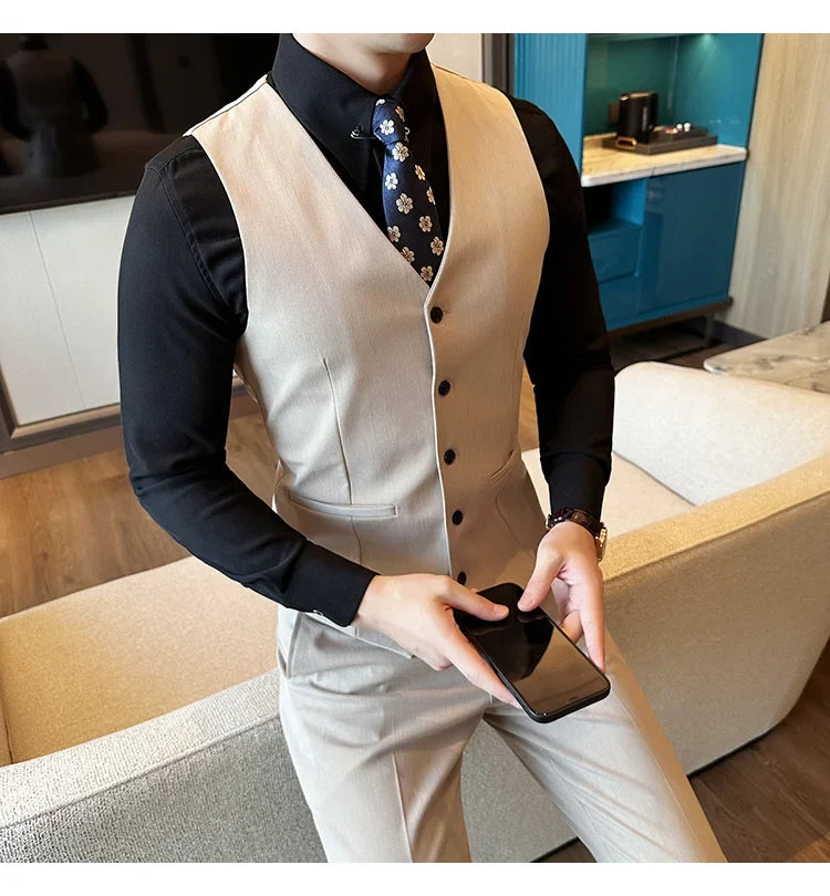 ( Vest + Pants) Men Luxury High Quality Business Suit Vest 2 pieces Formal Groom Wedding Dress Vest Set Fashion Club Clothing