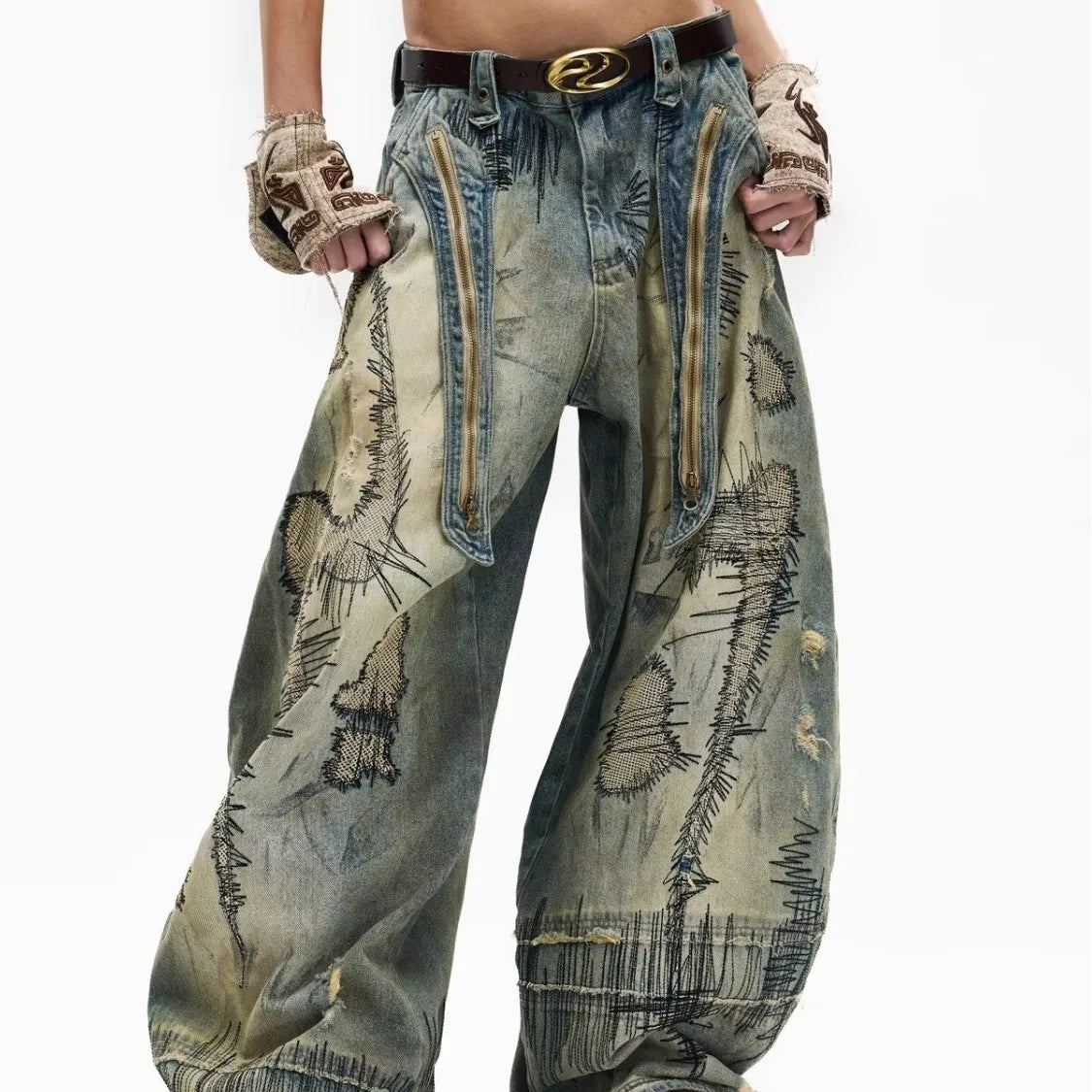 American New Fashion Men's Blue Casual Trendy Daily Loose Wide Leg Hole Patched Embroideried Denim Trousers Male Jeans Pants