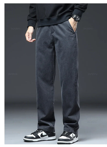 2025 New High Quality Soft Lyocell Fabric Jeans Men Elastic Waist Loose Straight Four Seasons Denim Trousers Male Plus Size 5XL