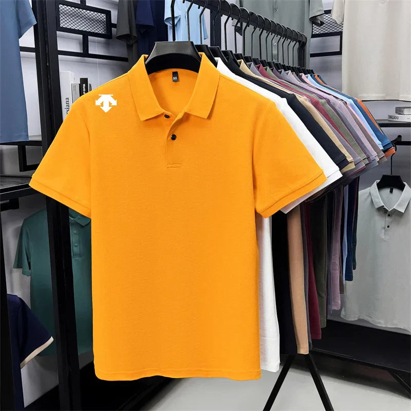 100% men's summer luxury brand polo shirt lapel geometric printing short sleeves t-shirt outdoor leisure men clothing tops