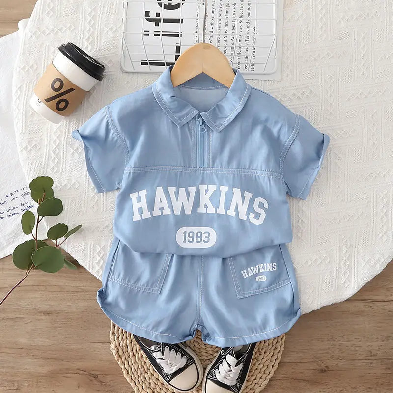 Children Cotton Clothes Summer Child Boy Cartoon Denim Solid Shirt Short 2Pcs/set Infant Kid Fashion Toddler Tracksuit 0-5 Years