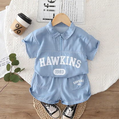 Children Cotton Clothes Summer Child Boy Cartoon Denim Solid Shirt Short 2Pcs/set Infant Kid Fashion Toddler Tracksuit 0-5 Years