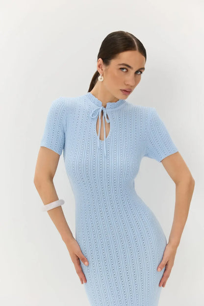Retro Knitted Long Dress Female Short Sleeve Slim Hollow Retro Elegant Sweater Dress 2025 Summer High Waist Woman Dress