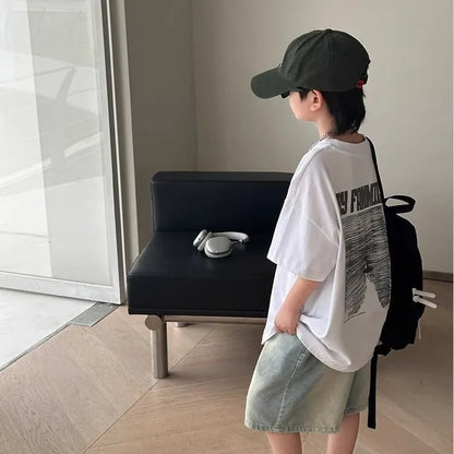 Black Graffiti Letters Pure Cotton Short Sleeve T-Shirt for Tween Boys Loose Fit Summer Youthful Wear Kids Outerwear Clothing