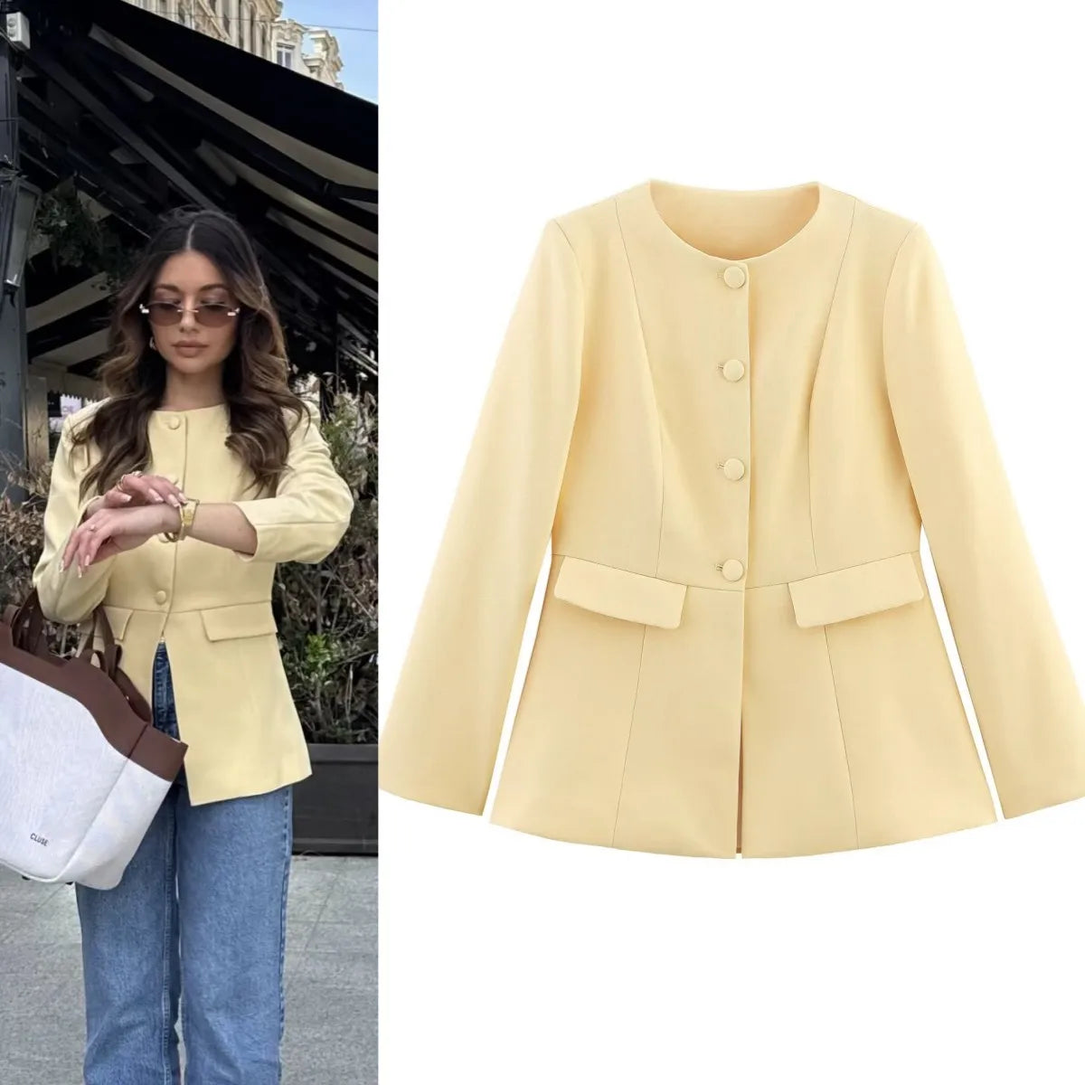 2025  women's new elegant fashion retro round neck cut waist slit long-sleeved casual suit jacket