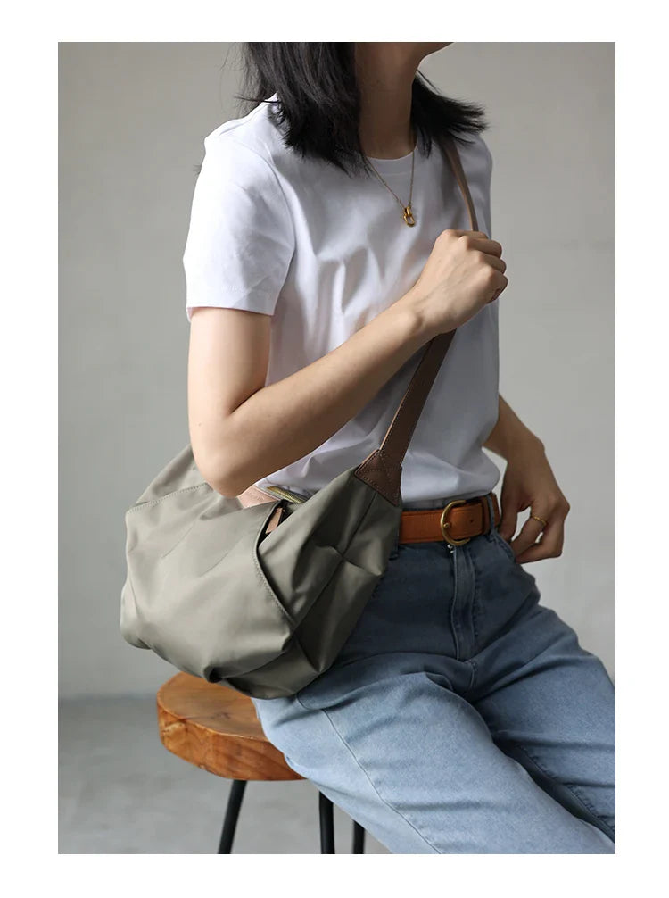 Lightweight Nylon Matching Genuine Leather Crossbody Bag High Quality Single Shoulder Bags Fashion Pleated Messenger Purses