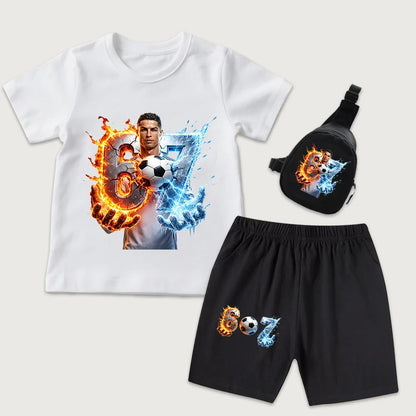 CR7 Ronaldo 67 Print Kids Cotton T Shirt Short Sleeve Casual Top with Mini Chest Bag Set for Boys Girls