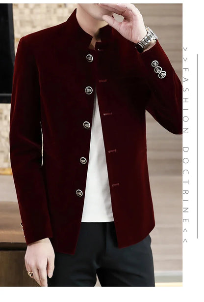 Men's Light Luxury Golden Velvet Coat Youth Fashion Trend Solid Color Stand Collar MAO Suit Handsome Boutique Item