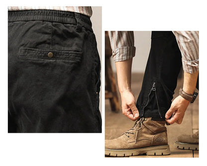 Cotton Men's Cargo Pants Elastic Waist Stretch Trouser Male Multi Pocket Casual Jogger Fit Ankle Length Zipper Purple Drawstring