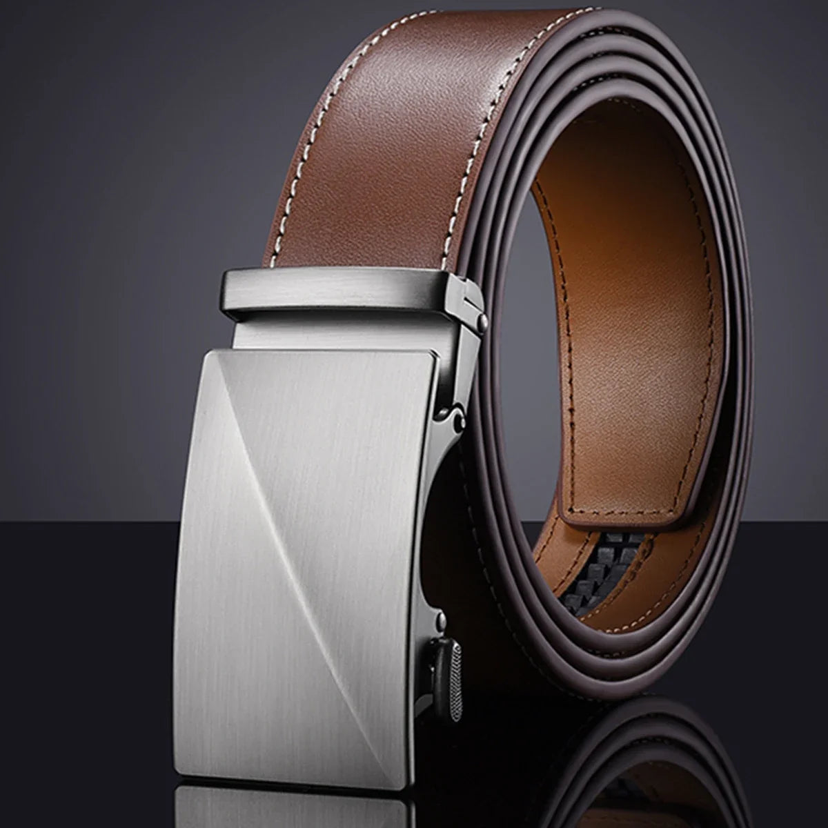 Men's Cowhide Belt, Business Casual Smooth Belt, Coffee Brown Genuine Leather Automatic Blue Middle-Aged Pants Belt